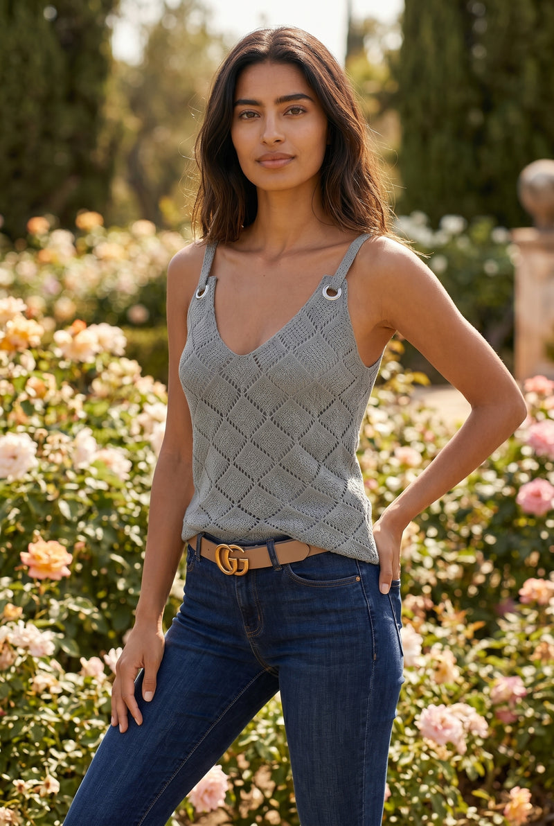 Grey V Neck Strappy Top with Ring Detail in gray – photo 4