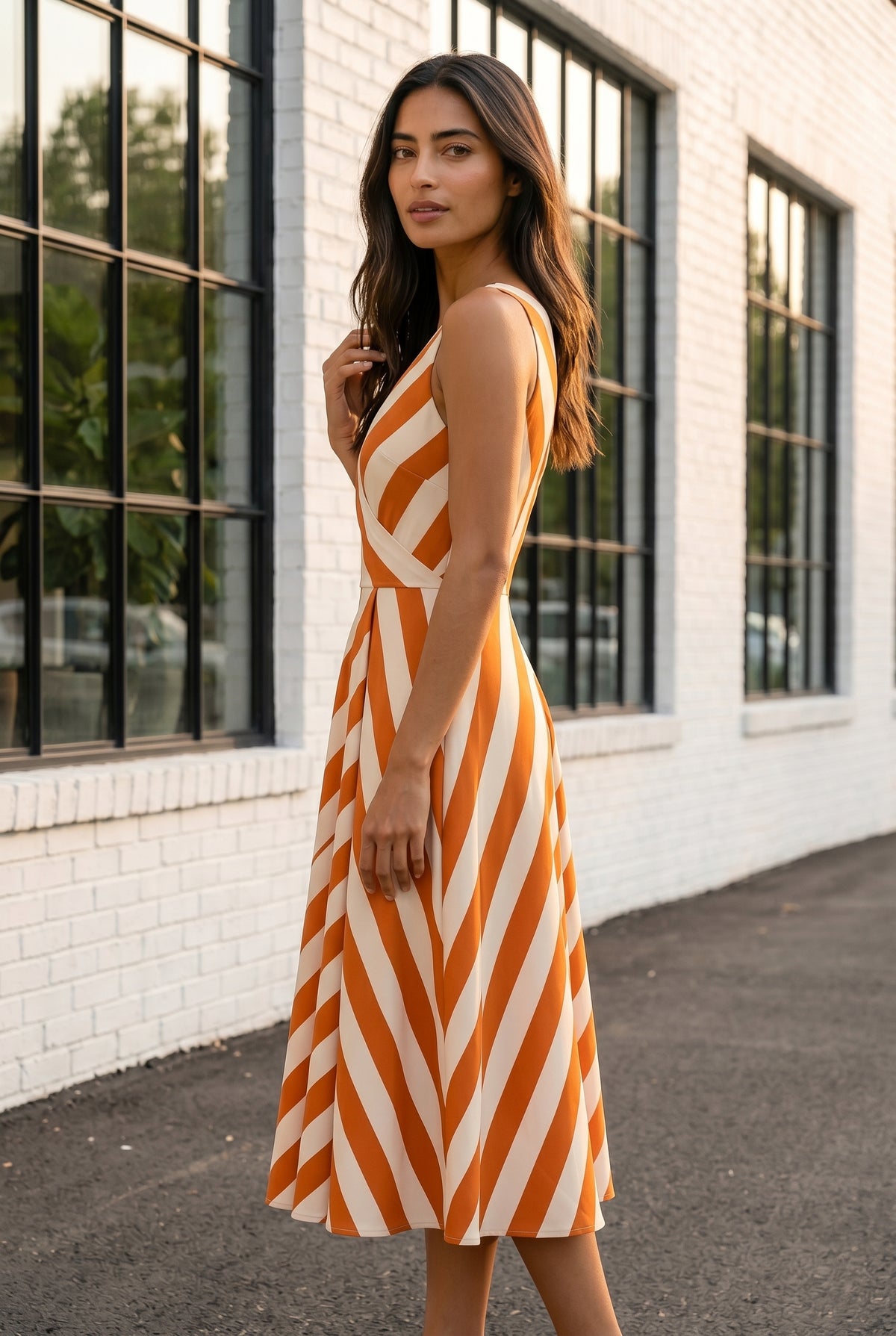Gestreiftes Ärmelloses Midikleid mit Wickelausschnitt und Gürtel in Orange – Foto 2