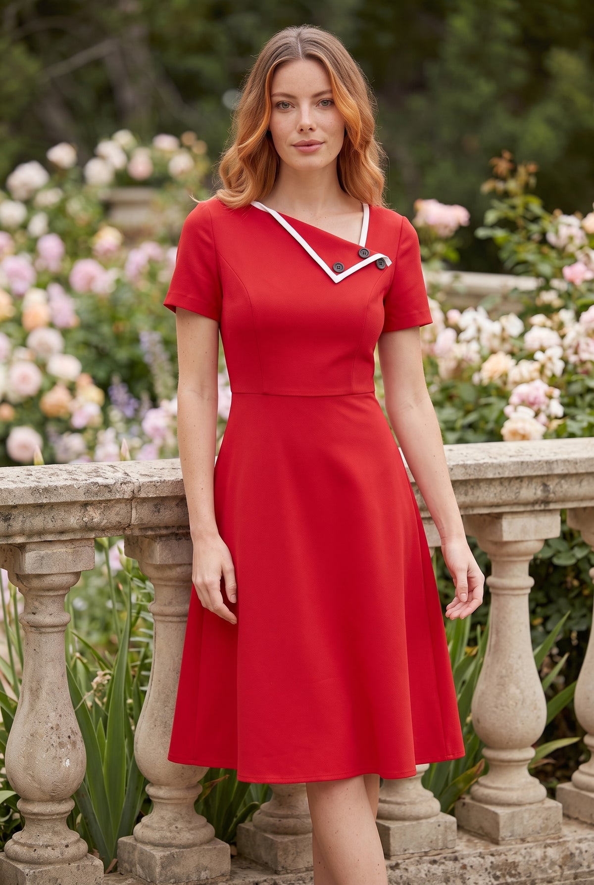 Kurzarm Midikleid mit asymmetrischem Ausschnitt in Rot