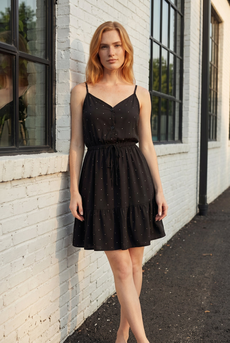 Patterned V-Neck Strappy Mini Dress in black