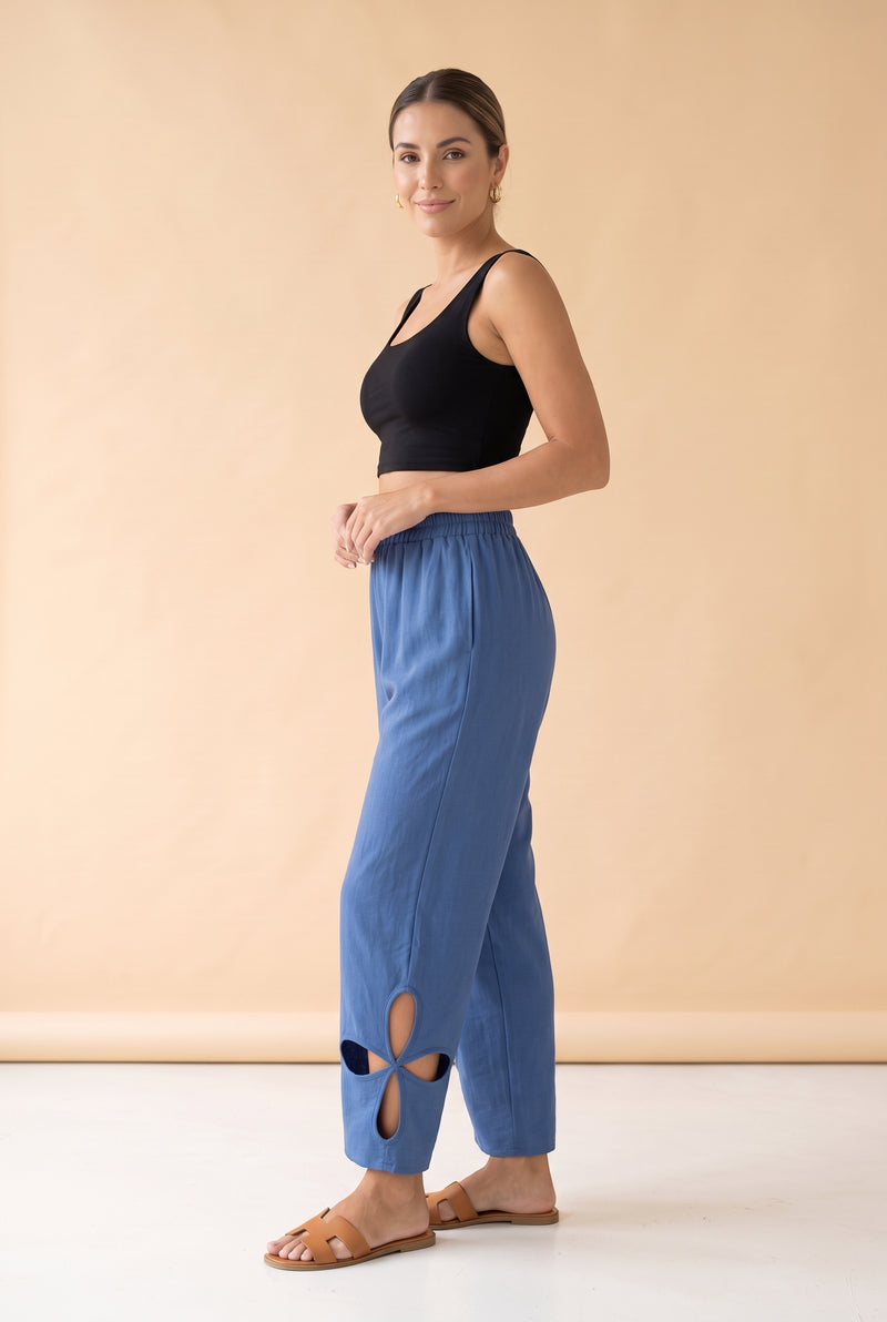 Elasticated Waist Linen Trousers with Cut-Outs in blue – photo 3