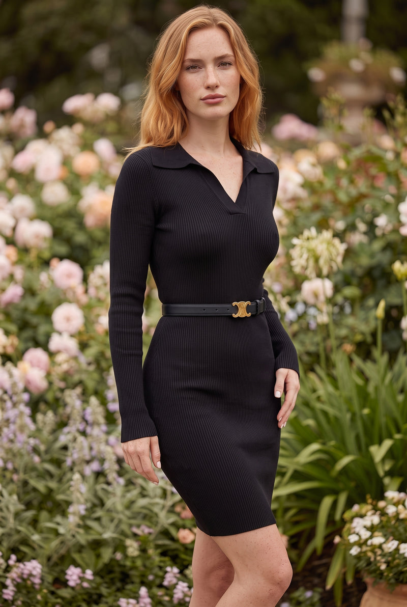 Schwarzes Minikleid mit Kragen und langen Ärmeln – Foto 4