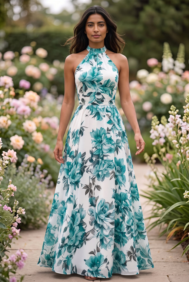 Maxikleid mit Blumenmuster und Neckholder in Grün – Foto 3