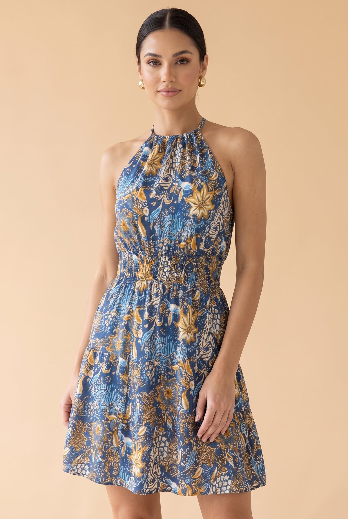 Floral Halter Neck Mini Dress with Smocked Waist in patterned – photo 5