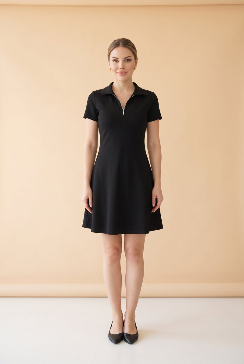 Short Sleeve Zip Front A Line Mini Dress in black