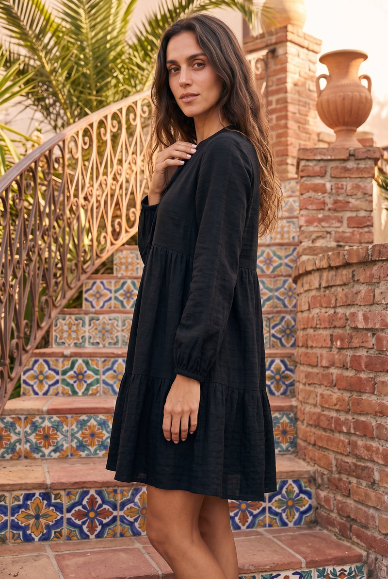 Long Sleeve Mini Dress with Tie Neck and Tiered Skirt in black – photo 2