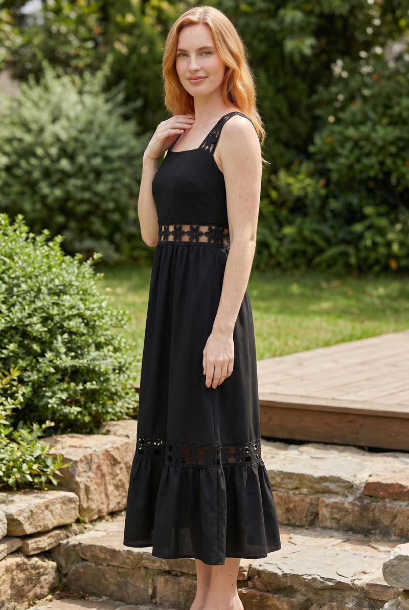 Black Midi Dress with Square Neck and Lace Inserts – photo 2