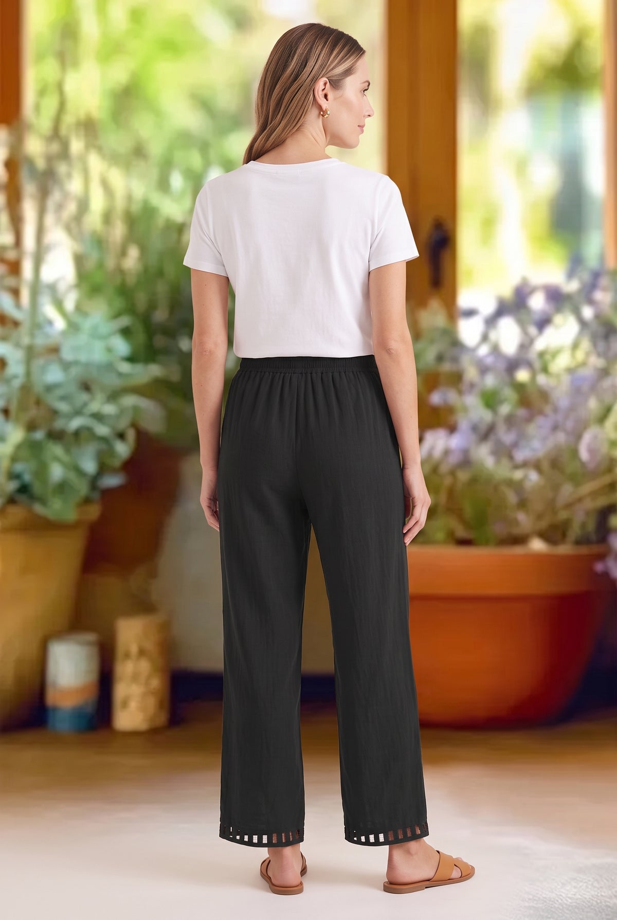 Black Elasticated Waist Linen Trousers with Lace Hem – photo 4