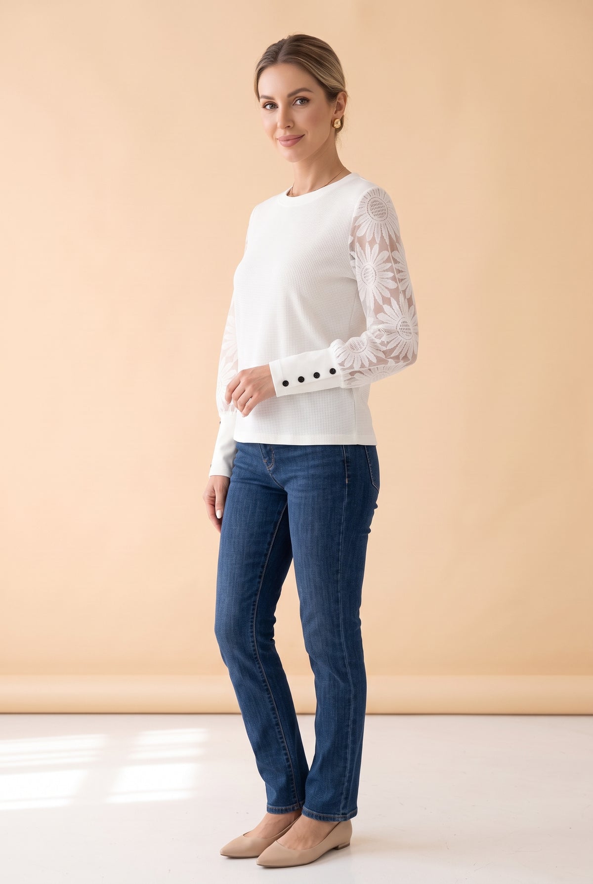 White Lace Long Sleeve Top with Waffle Body – photo 3