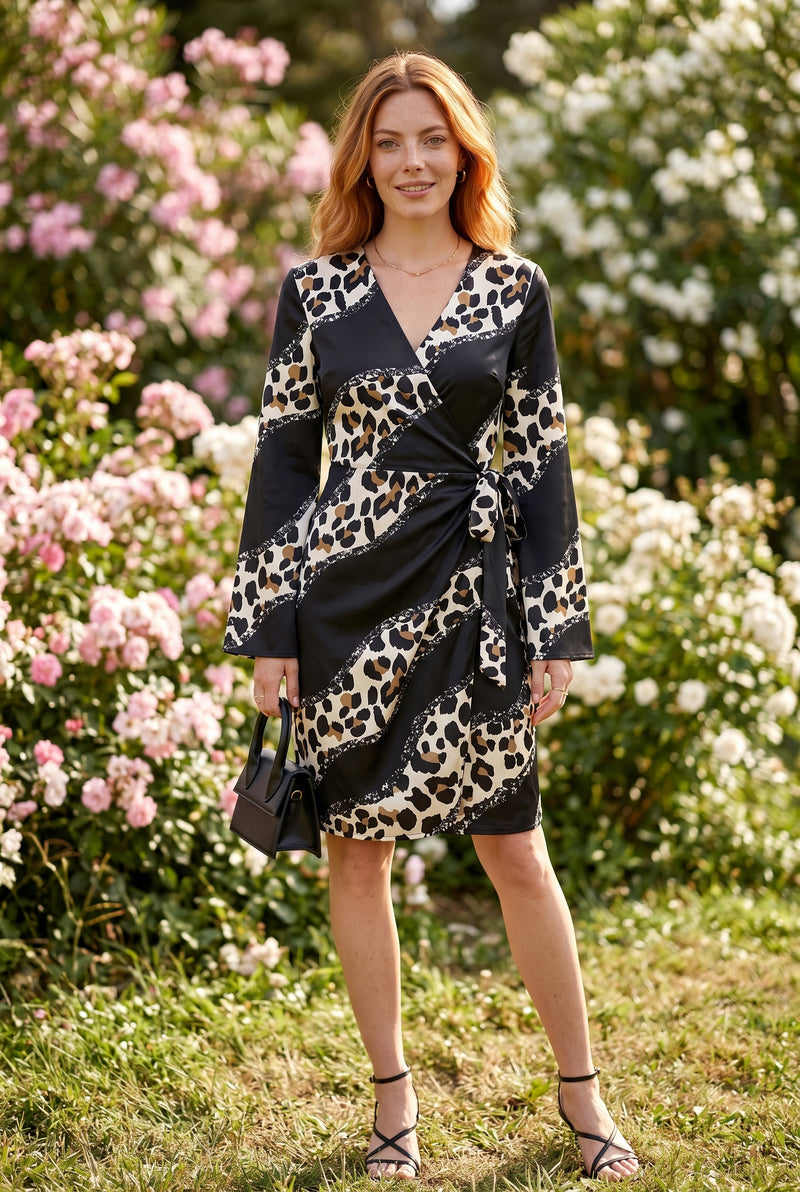 Black Leopard Print Long Sleeve Wrap Mini Dress – photo 4