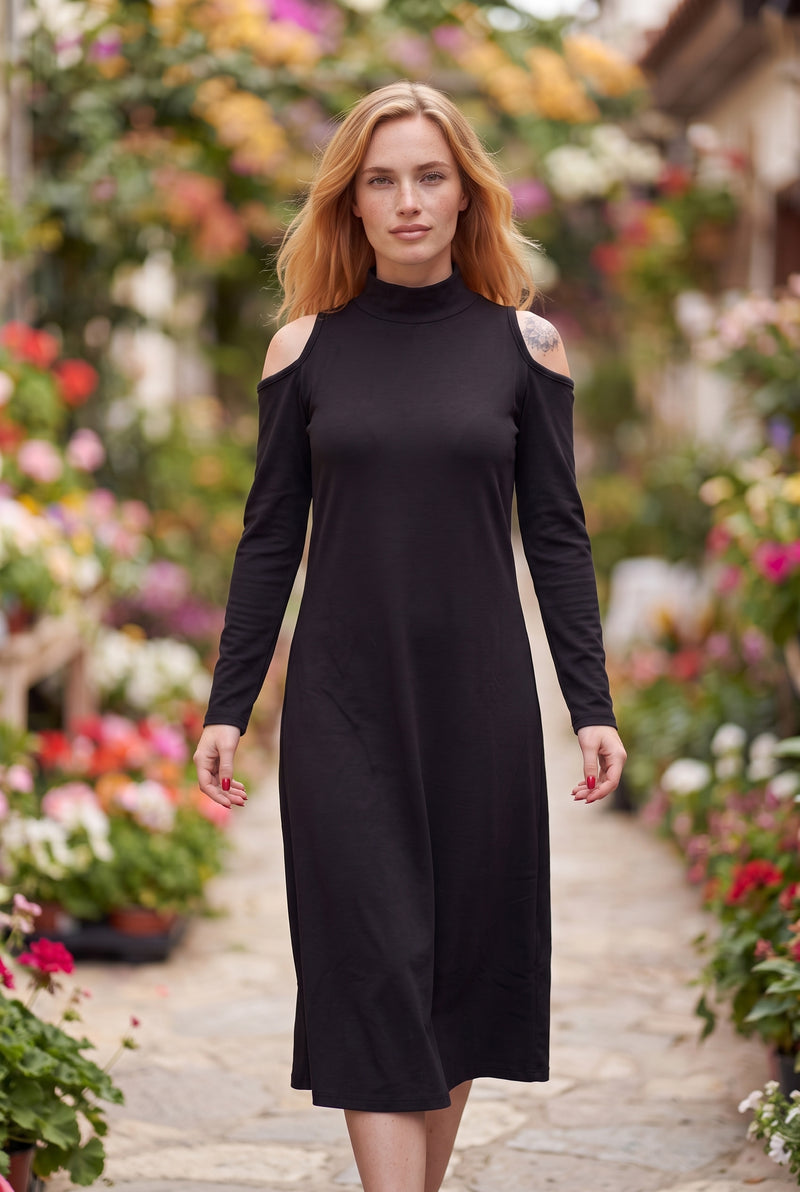 Schwarzes Midikleid mit Rollkragen und Cut-Outs – Foto 3