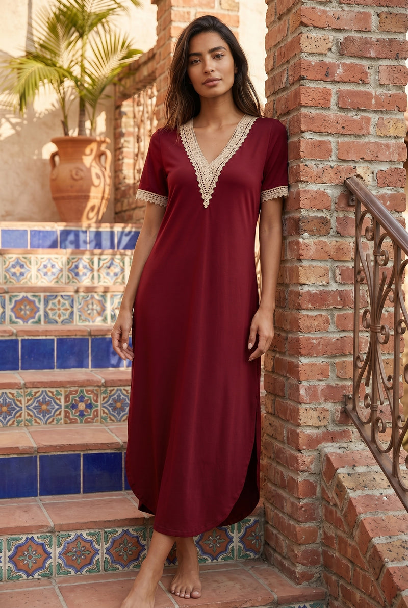 Short Sleeve V-Neck Lace Maxi Dress in burgundy – photo 5