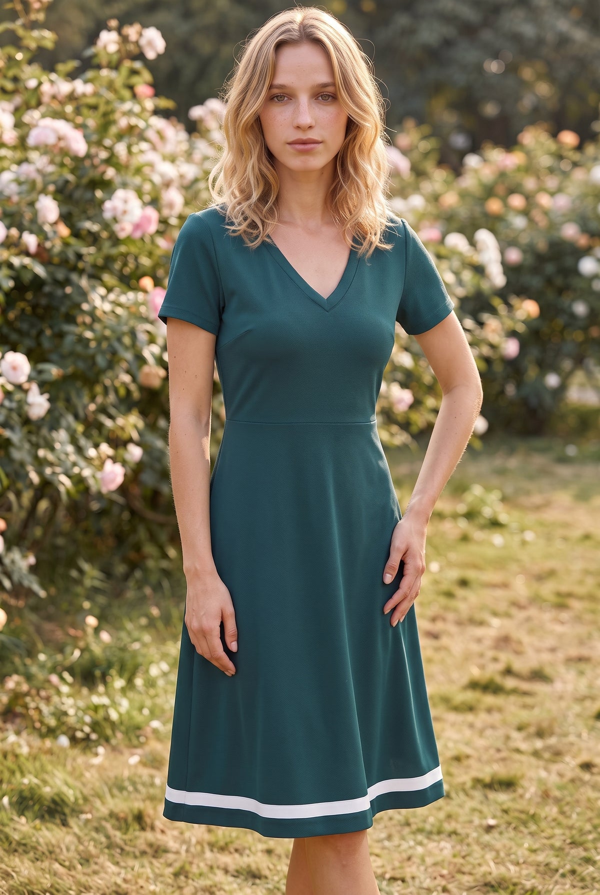 Kurzarm-Midikleid aus Krepp mit V-Ausschnitt in Grün – Foto 4