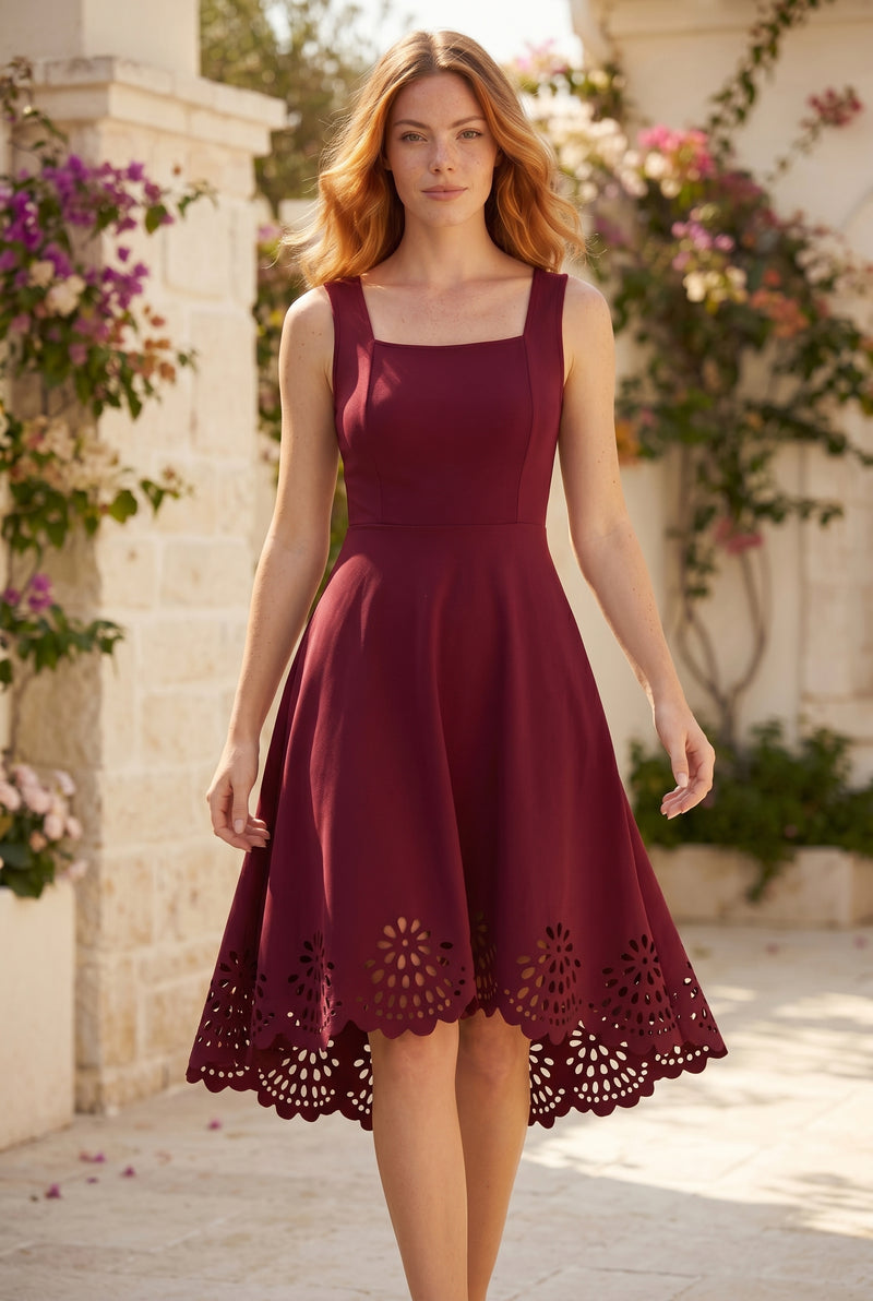Square Neck A Line Midi Dress with Laser Cut Hem in red – photo 3