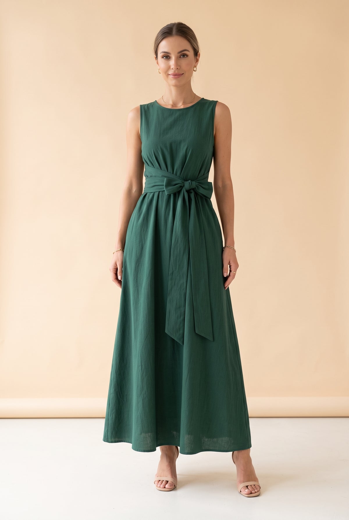Sleeveless Tie Waist A-Line Long Dress in emerald
