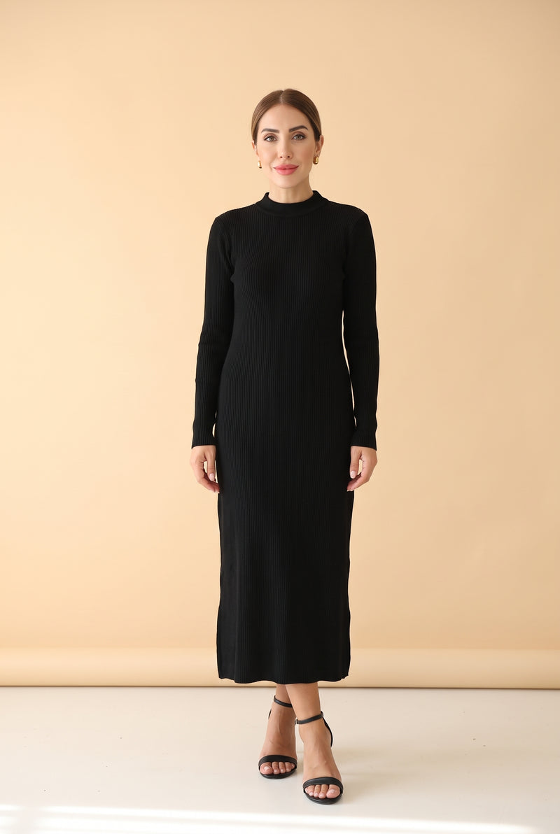 Black Long Sleeve Knitted Midi Dress with Tie Waist