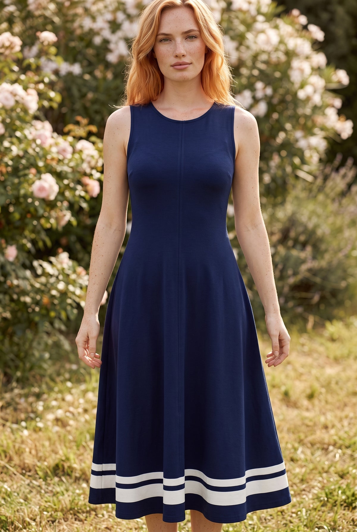 Ärmelloses A-Linie Midikleid mit Rundhalsausschnitt in Marine – Foto 5
