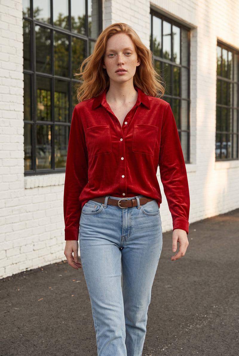 Chemise rouge en velours à manches longues – photo 3