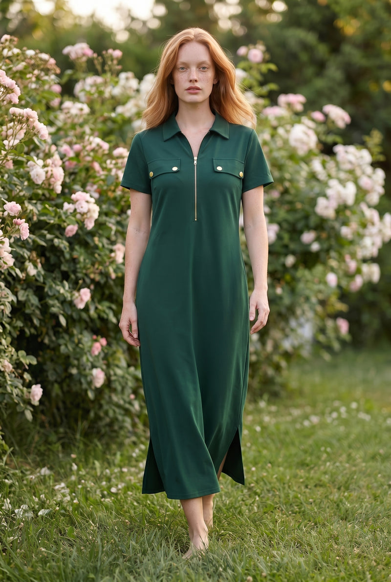 Kurzarm Maxikleid mit Reißverschluss und Kragen in Grün – Foto 3