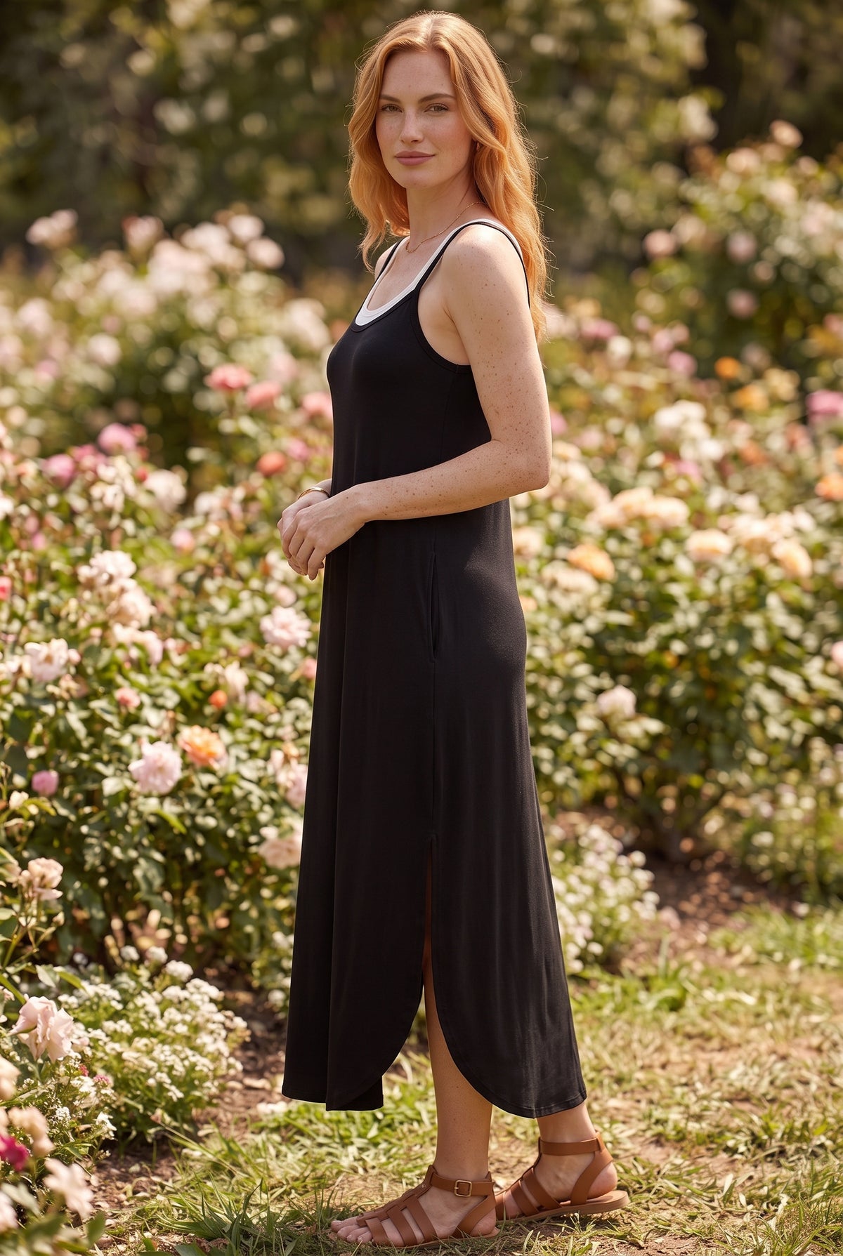 Spaghetti Strap A-Line Viscose Midi Dress in black – photo 2