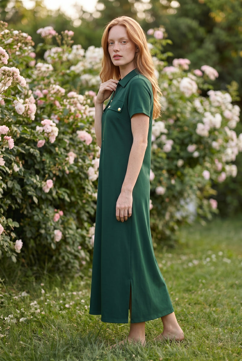 Kurzarm Maxikleid mit Reißverschluss und Kragen in Grün – Foto 2