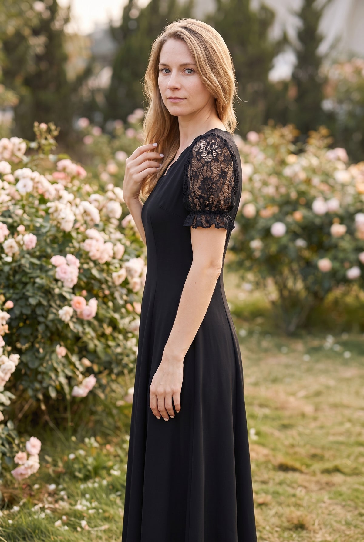 Schwarzes Midikleid mit kurzen Spitzenärmeln – Foto 2