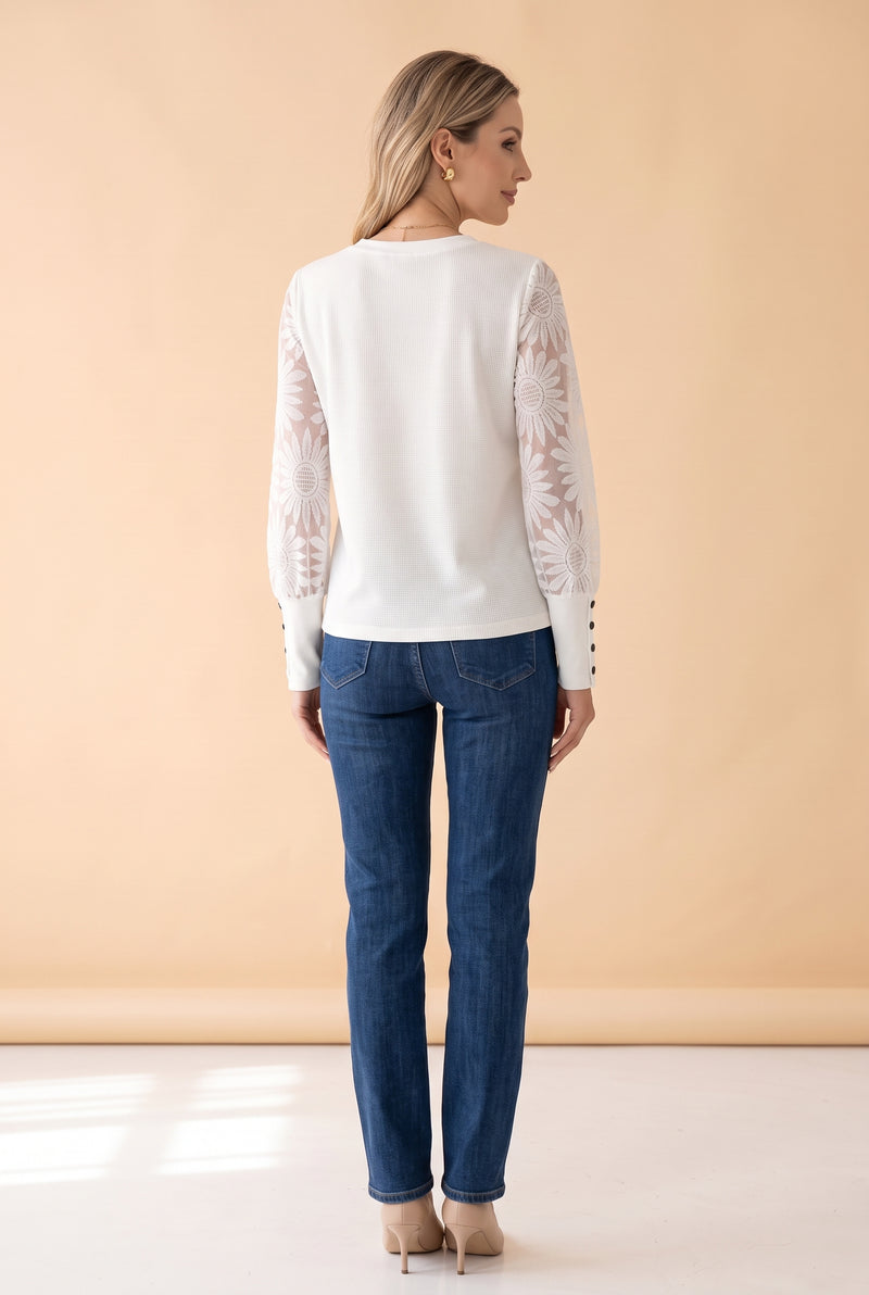 White Lace Long Sleeve Top with Waffle Body – photo 4