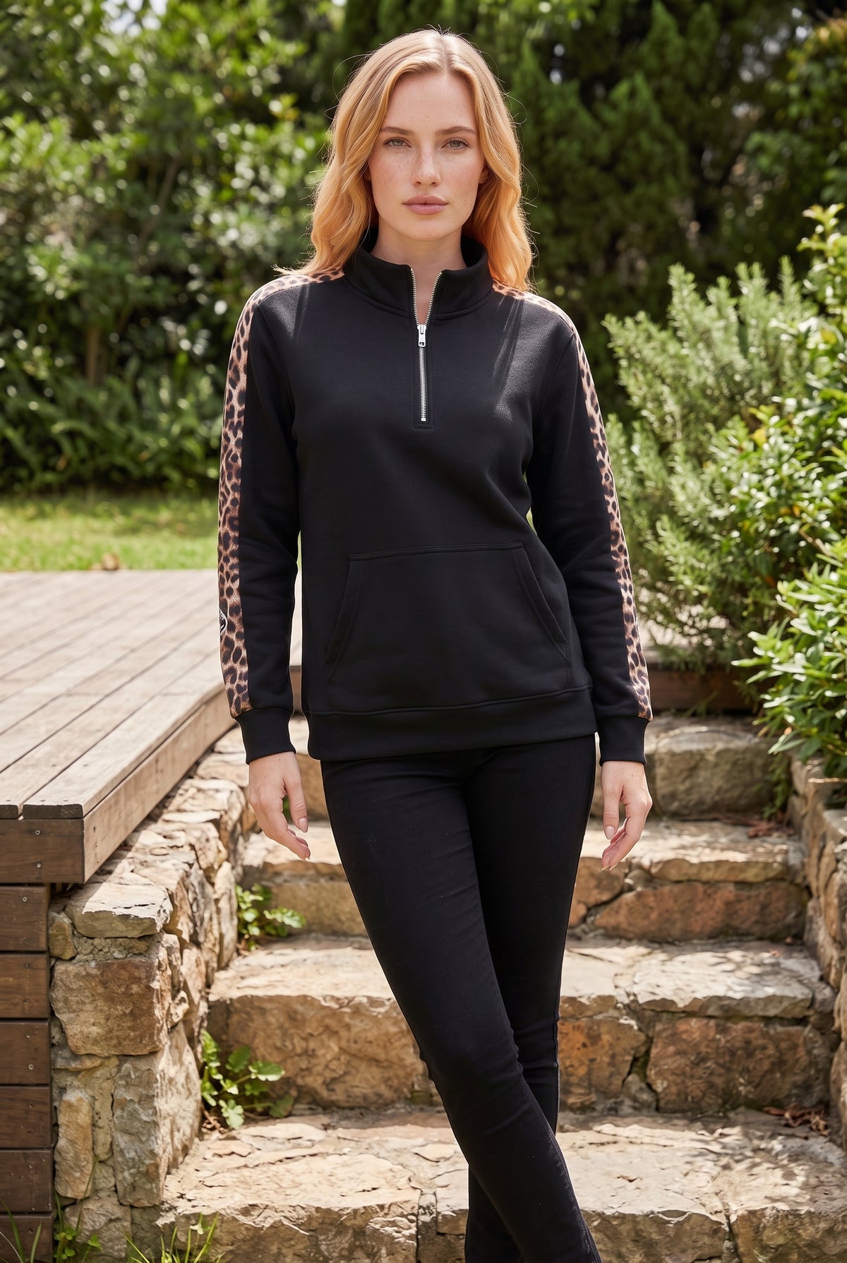 Black Long Sleeve Top with Leopard Print Sleeves