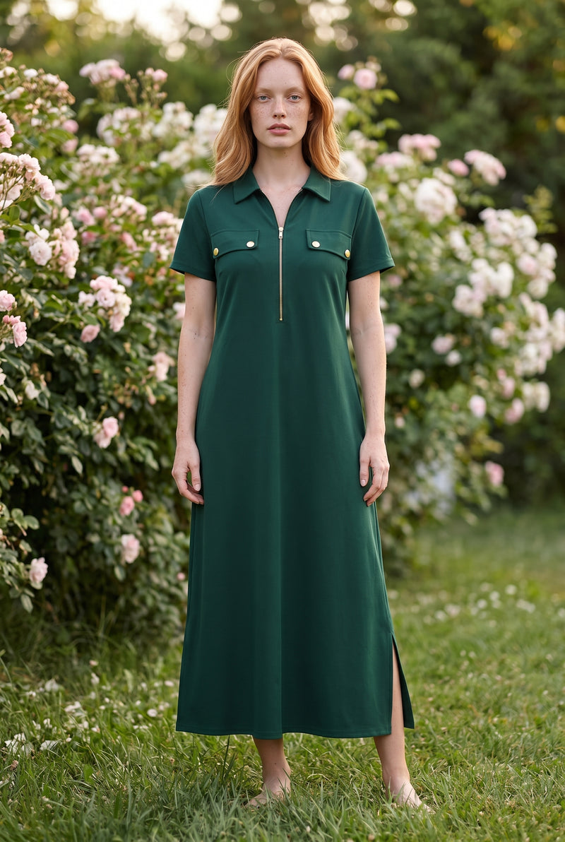 Kurzarm Maxikleid mit Reißverschluss und Kragen in Grün – Foto 5