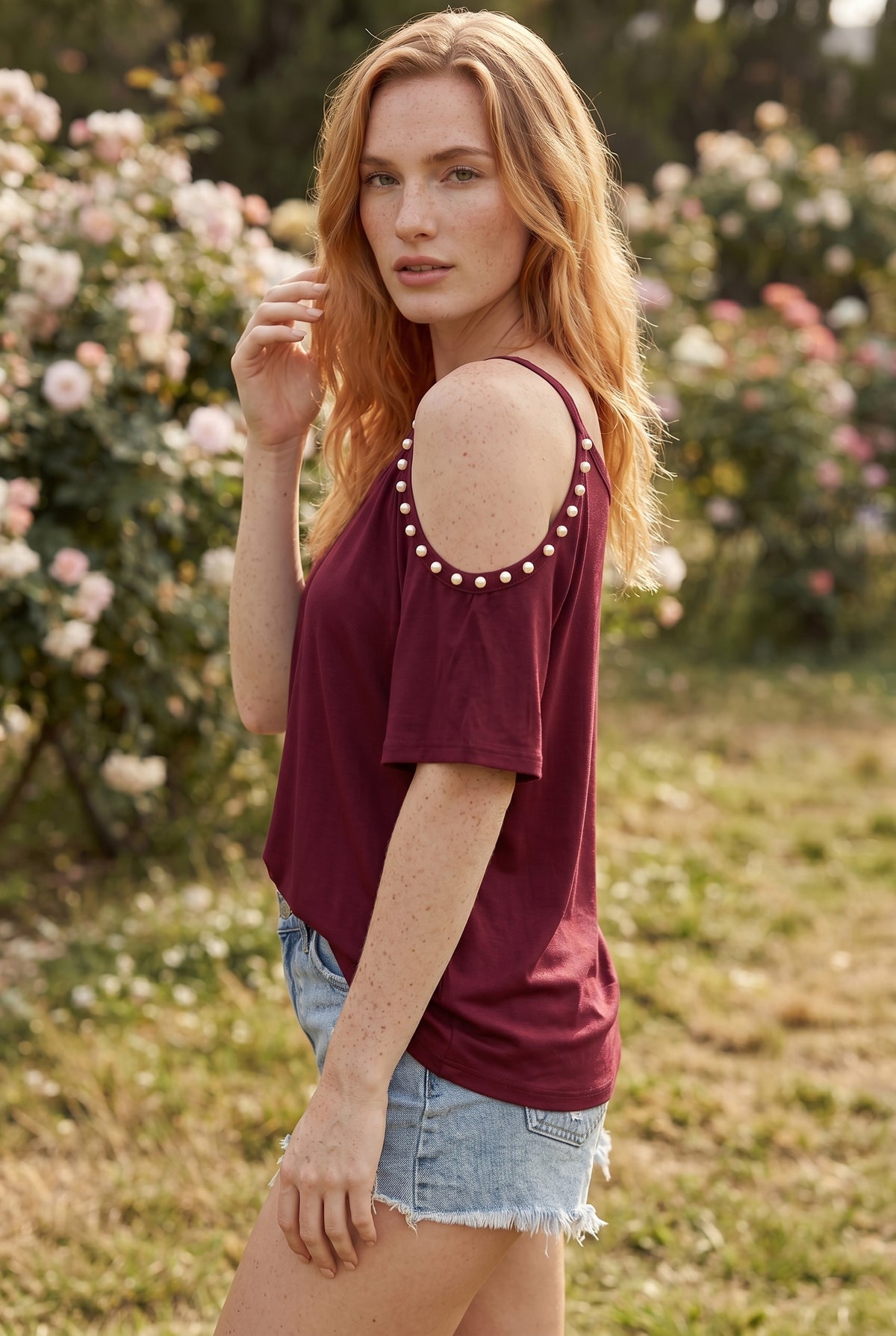 Bordo İnci Askılı Kısa Kollu Bluz – fotoğraf 2