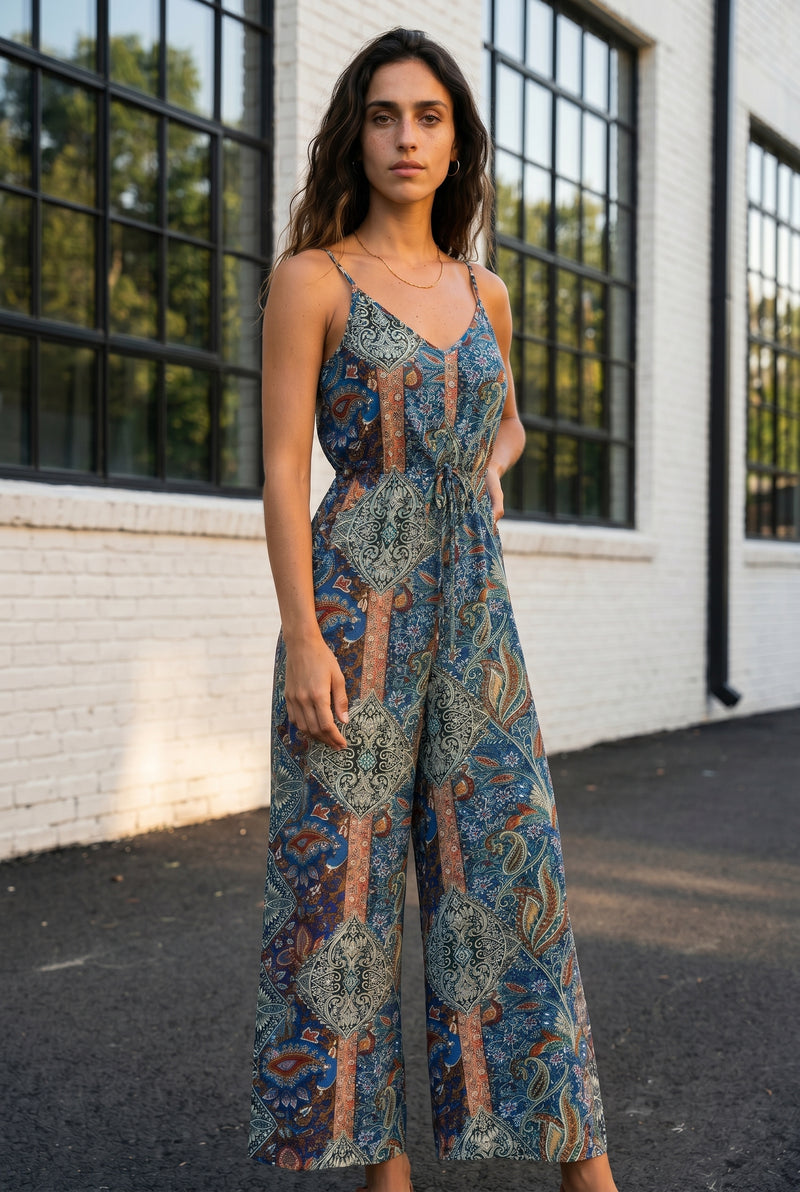 Bedruckter Jumpsuit mit weitem Bein und V-Ausschnitt in Gemustert – Foto 5