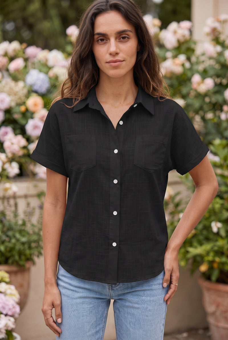 Chemise Manches Courtes Boutonnée à Poches, coloris noir – photo 4