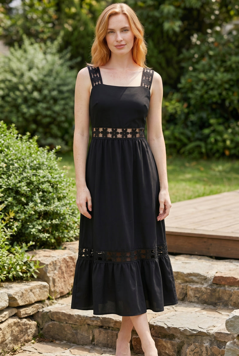 Black Midi Dress with Square Neck and Lace Inserts – photo 4