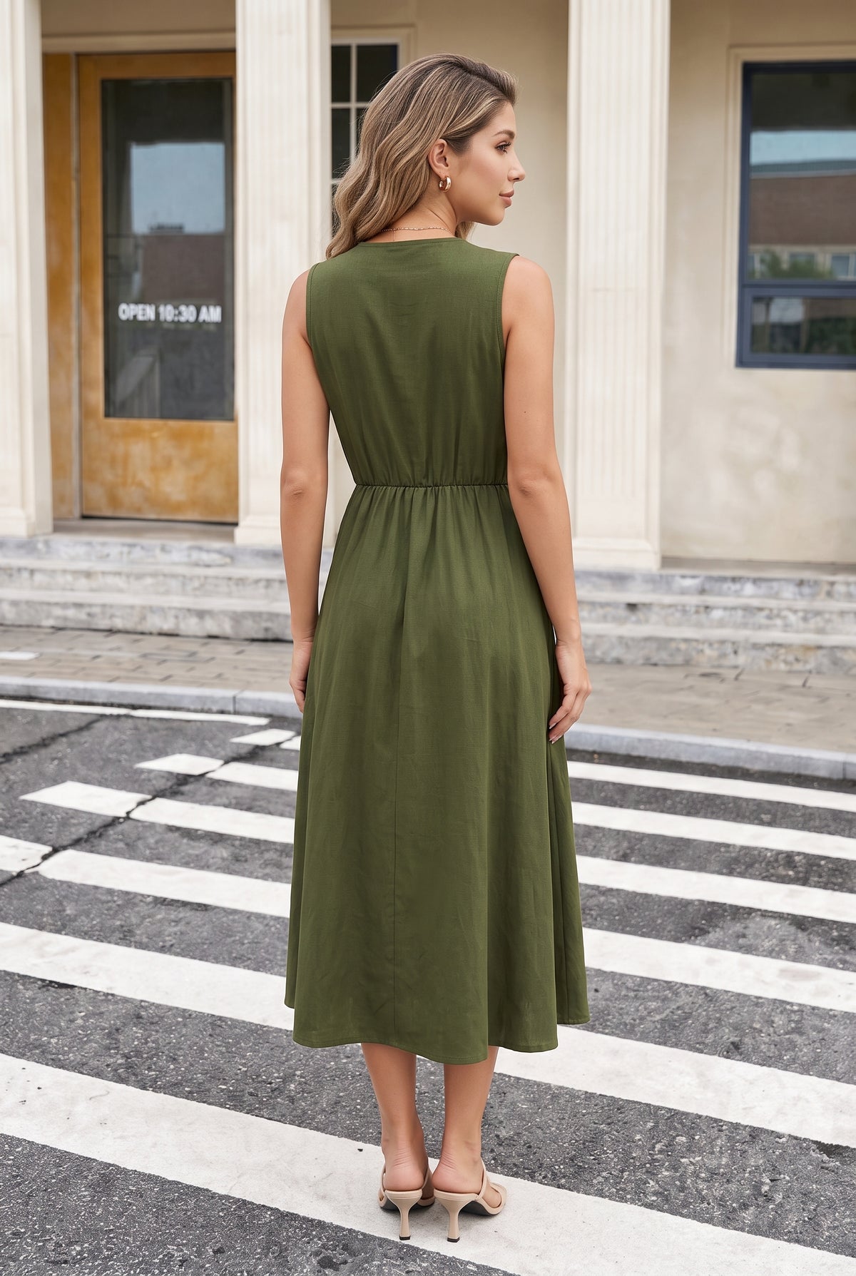 Sleeveless Linen Wrap Midi Dress with Contrast Piping in green – photo 4