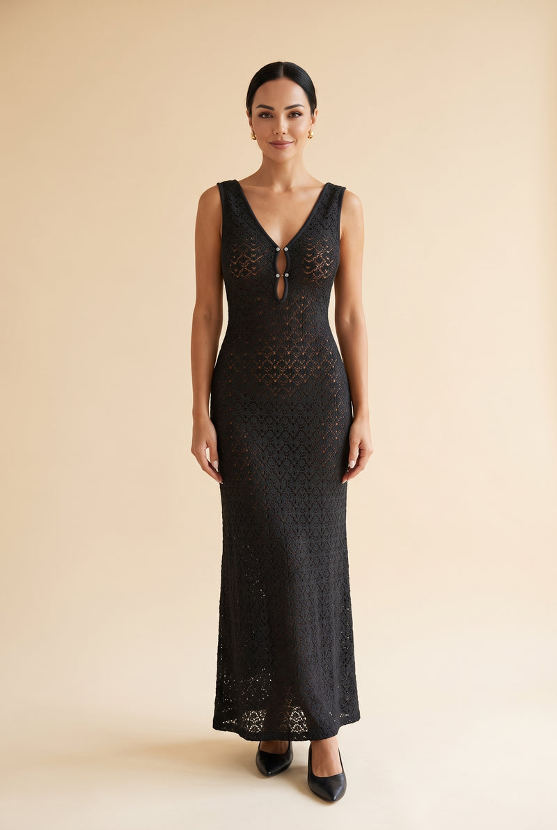 Sleeveless V-Neck Knitted Maxi Dress in black 1