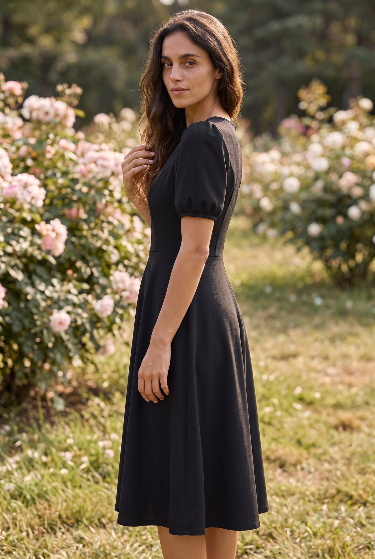 Robe midi noire à manches courtes bouffantes et col rond – photo 2