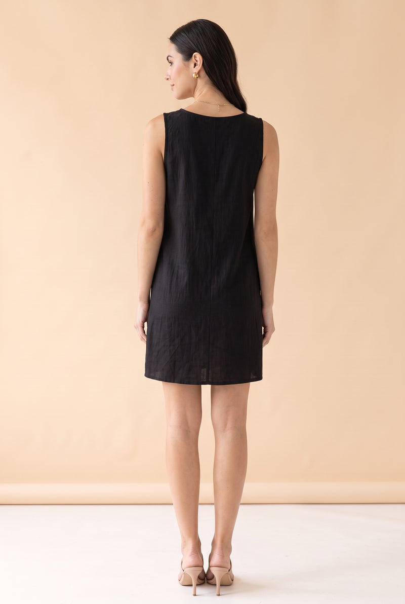 Sleeveless Round Neck Linen Mini Dress with Buttons in black – photo 4