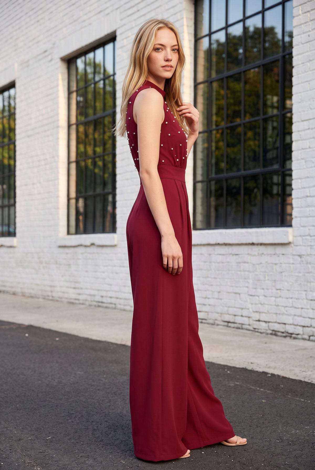 Ärmelloser Rollkragen Jumpsuit mit Weitem Bein in Rot – Foto 2