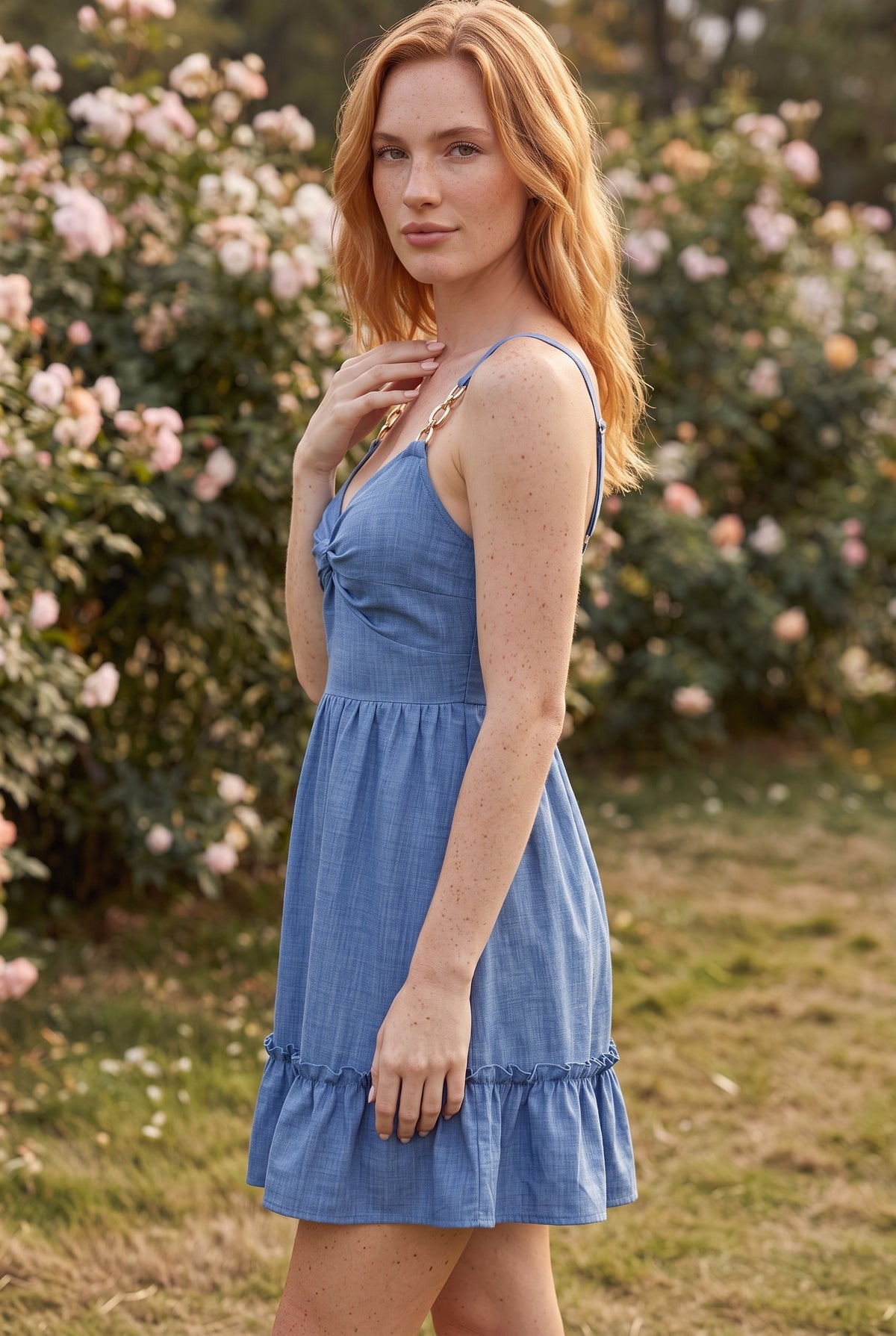 Robe Courte Trapèze à Bretelles et Volants, coloris bleu – photo 2