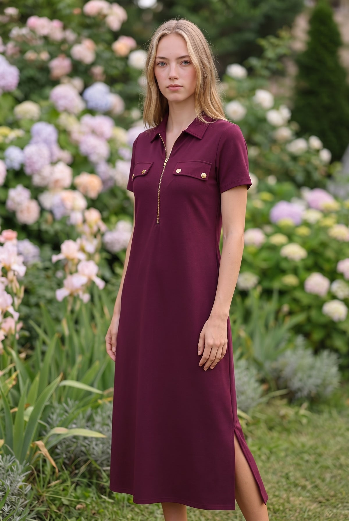 Kurzarm Maxikleid mit Reißverschluss und Kragen in Bordeaux – Foto 4