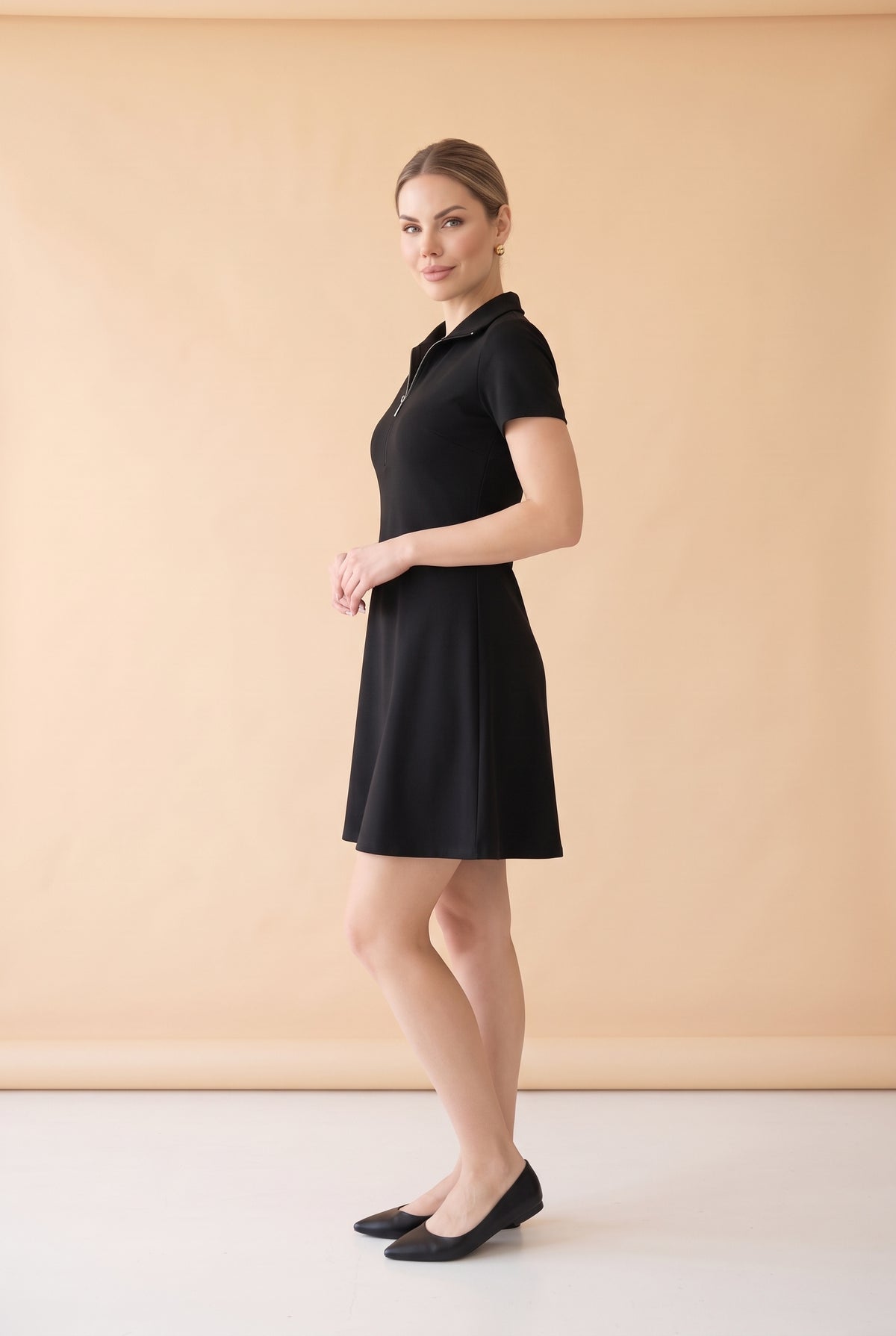 Short Sleeve Zip Front A Line Mini Dress in black – photo 3