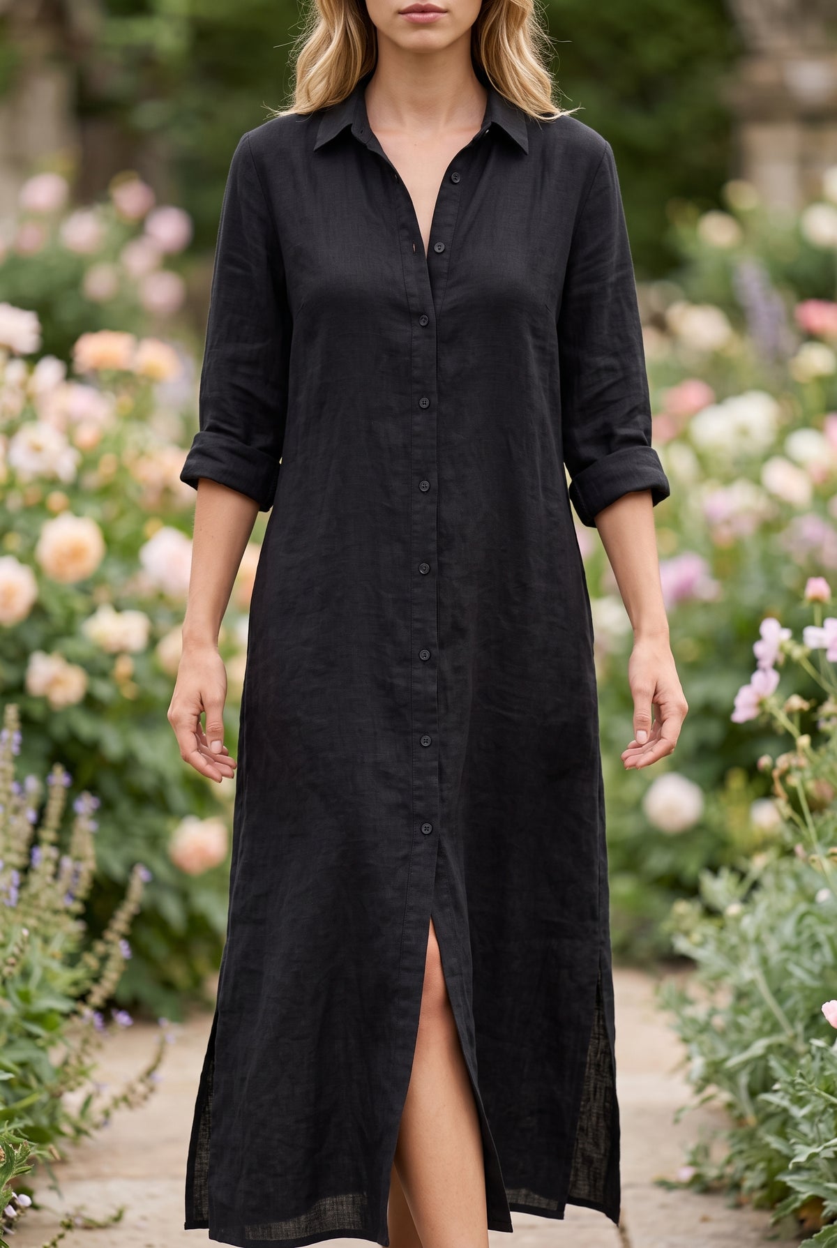 Langes Leinenkleid mit Kragen und Knopfleiste in Schwarz – Foto 5