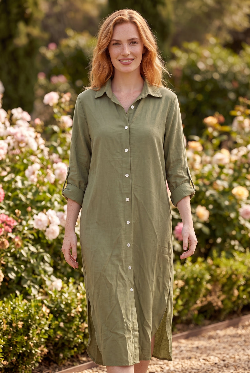 Lange Bluse mit Knopfleiste und Seitenschlitzen in Grün – Foto 3