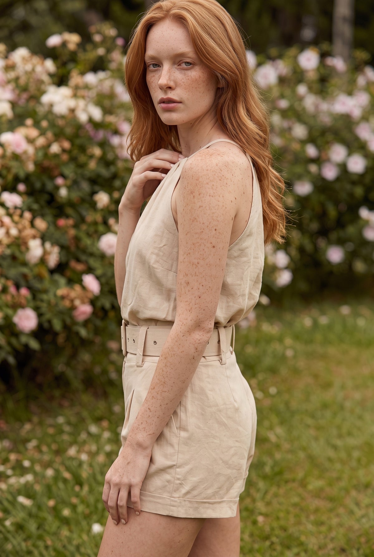 Leinen Set mit Neckholder und Gürtel in Beige – Foto 2