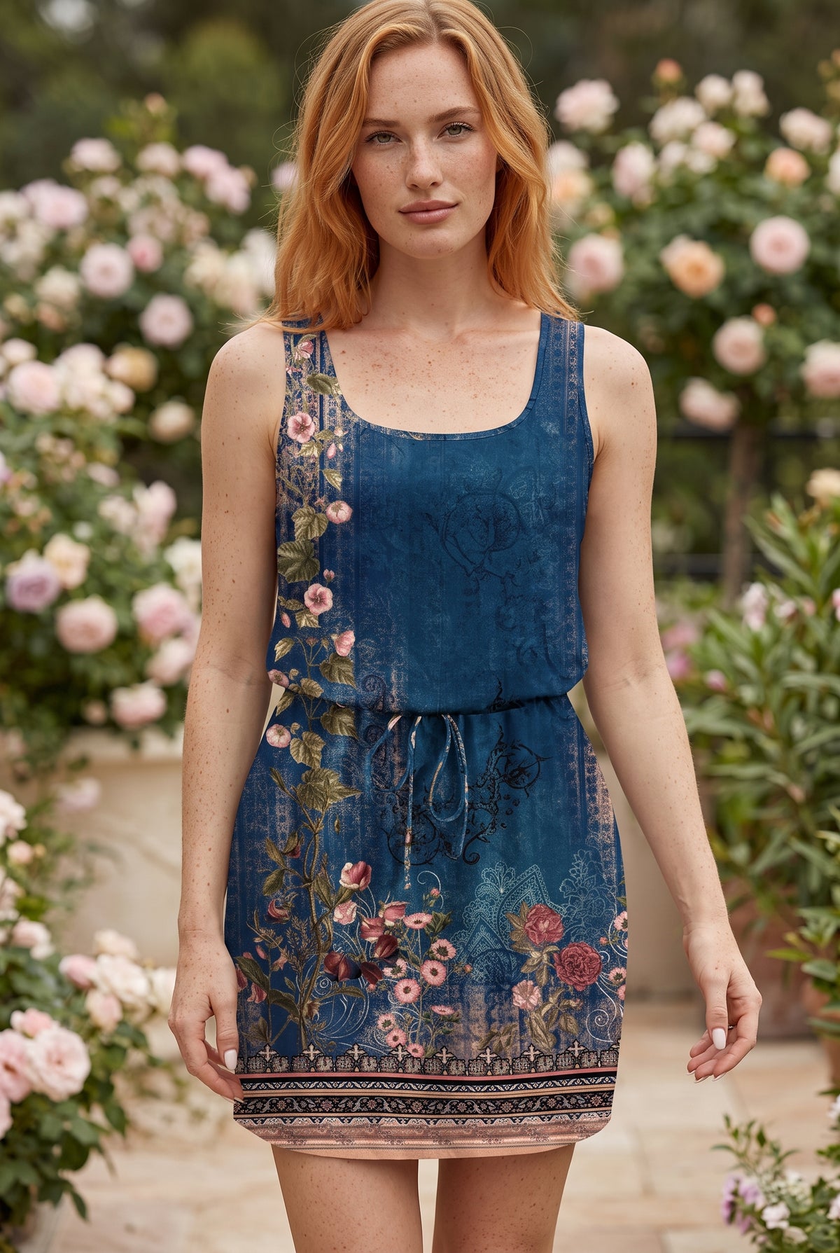 Robe Courte Sans Manches à Motif et Col Rond, coloris bleu marine – photo 5