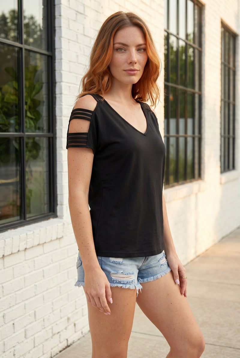 V Neck Top with Cold Shoulder Short Sleeves in black – photo 3
