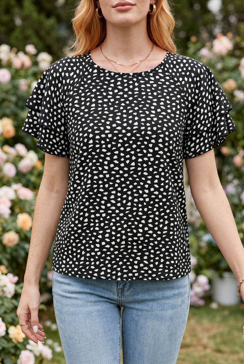 Black Printed Ruffled Short Sleeve Top – photo 5