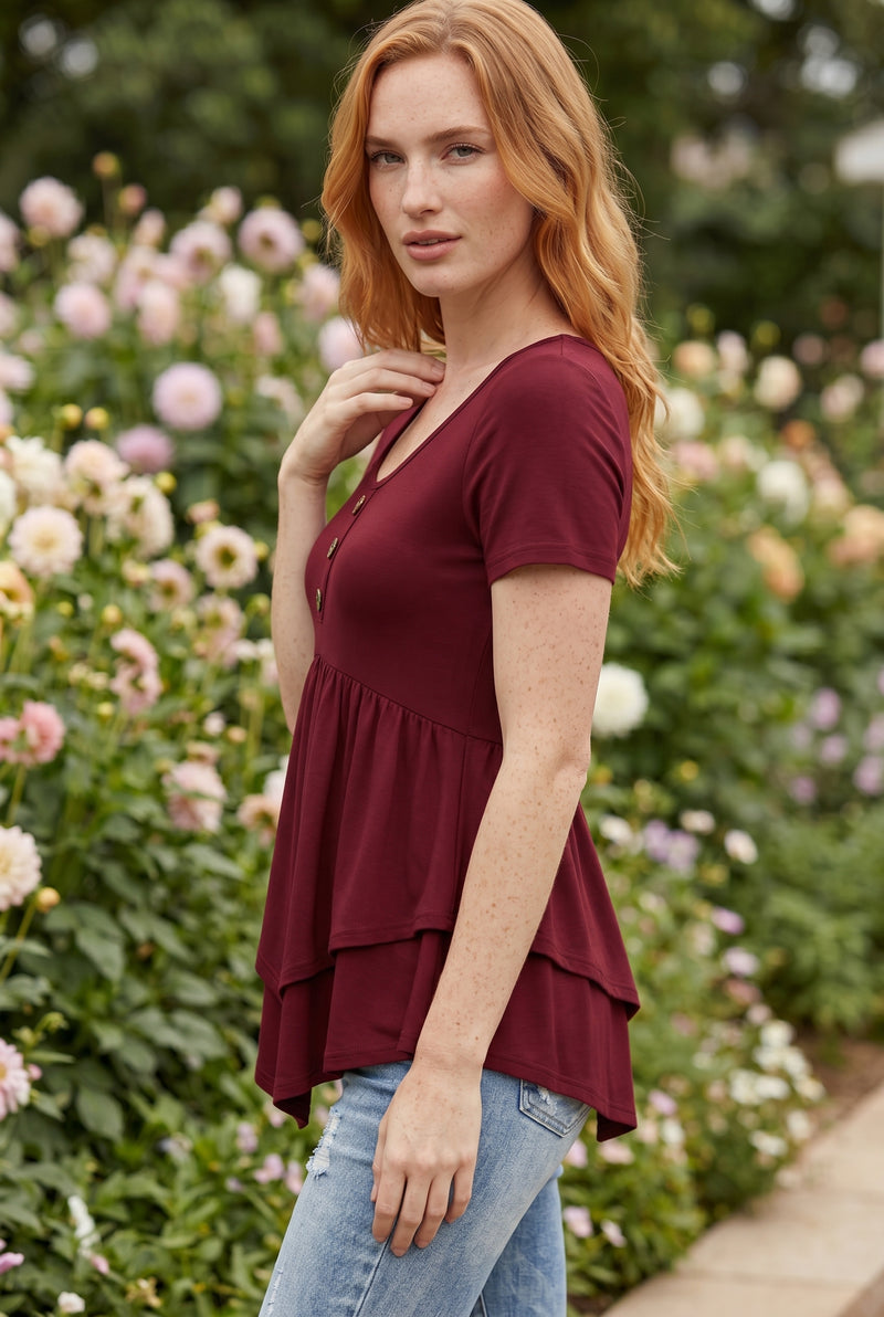 Short Sleeve Top with Asymmetric Tiered Hem in burgundy – photo 2