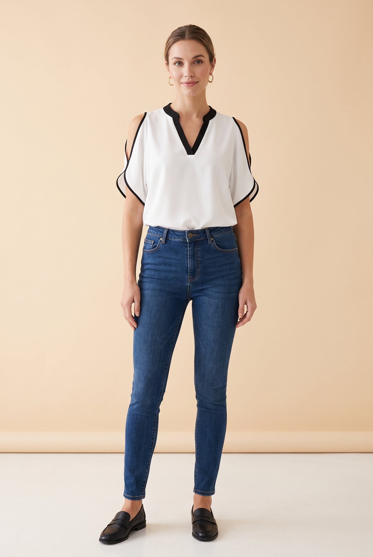 Short Sleeve V Neck Crepe Top with Cutouts in white