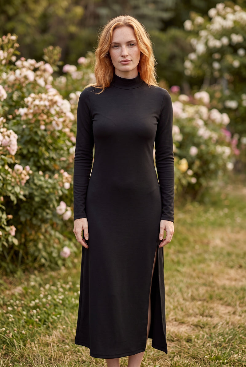 Long Sleeve Turtleneck Modal Midi Dress with Slit in black – photo 5